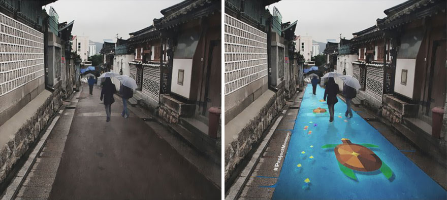 首爾街頭神奇涂鴉 下雨天路面變卡通（組圖） 