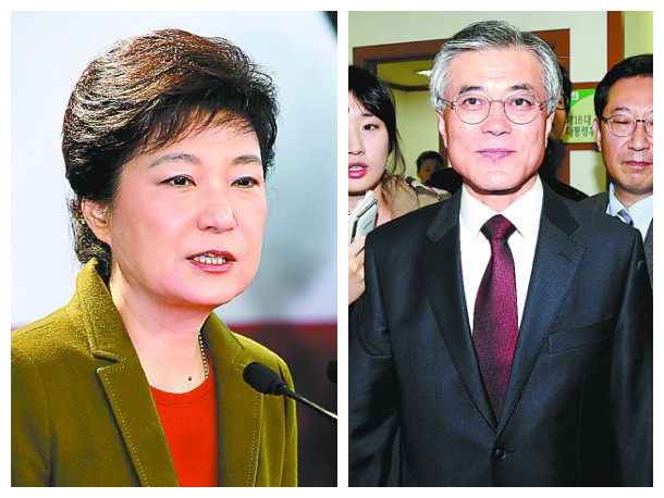 韓總統(tǒng)選舉將啟動最后爭奪戰(zhàn) 被稱“雌雄對決”。左圖為樸謹慧，右圖為文在寅。（資料圖）