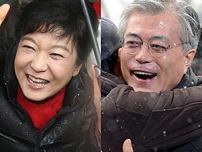 韓媒稱文樸支持率皆上升 安哲秀助選效果甚微圖為韓國(guó)總統(tǒng)候選人樸槿惠（左）和文在寅。