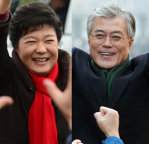 韓國大選結(jié)果有望于19日晚11時揭曉 圖為新國家黨候選人樸槿惠（左）和民主統(tǒng)合黨候選人文在寅。（圖片來源：韓聯(lián)社）