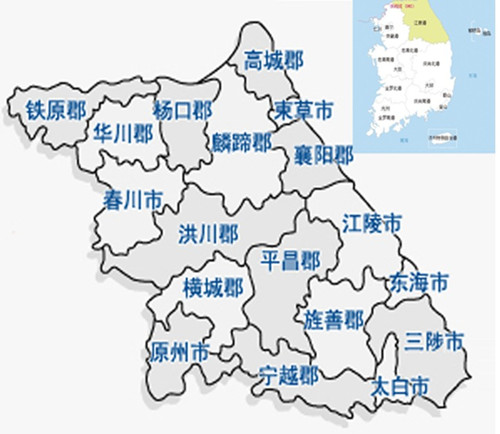 江原道江原道位于韓國東北部，東臨日本海、西倚太白山脈，以太白山為界劃分為嶺東及嶺西地區(qū)，嶺東地區(qū)濱臨東海，多險崖；嶺西地區(qū)以山脈盆地為主。江原道的道廳所在地為春川市，現(xiàn)設(shè)有7個市及11個郡。