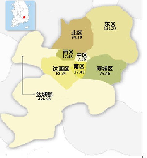 大邱廣域市史前時代，在現(xiàn)在大邱廣域市這個位置就形成了叫達句火的城邑。1419年，大丘縣升格成為大丘郡。1949年8月15日，又由原來的大邱府更名為大邱市。1995年，正式改名為現(xiàn)在的大邱廣域市。目前，大邱廣域市下轄7個區(qū)及1個郡。