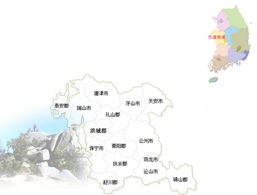 忠清南道忠清南道位于韓國(guó)中西部，南、北部分別與全羅北道、京畿道相鄰，西面黃海。忠清南道由8個(gè)市及8個(gè)郡組成，面積占全國(guó)總面積的8.6%，人口為2,118,264名。忠清南道交通便利。首爾市地鐵1號(hào)線經(jīng)過(guò)位于忠清南道東北部的天安市及牙山市。