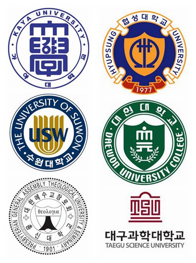 圖片說(shuō)明：伽倻大學(xué)、協(xié)成大學(xué)、水原大學(xué)、大元大學(xué)、總神大學(xué)、大邱科學(xué)大學(xué)（從左至右，由上到下）